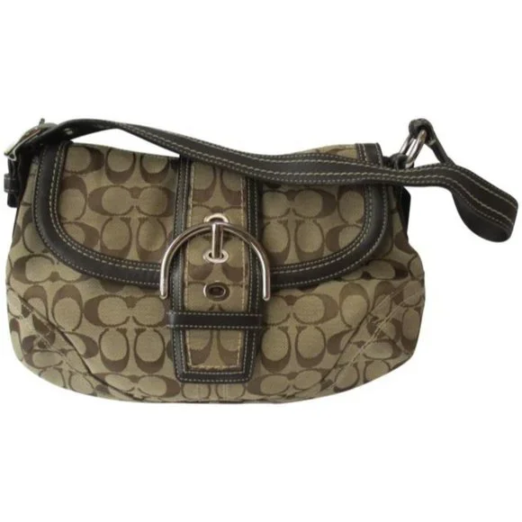 Coach Logo Leather Trim Flap Shoulder Tan Canvas Hobo Bag - Picture 1 of 9